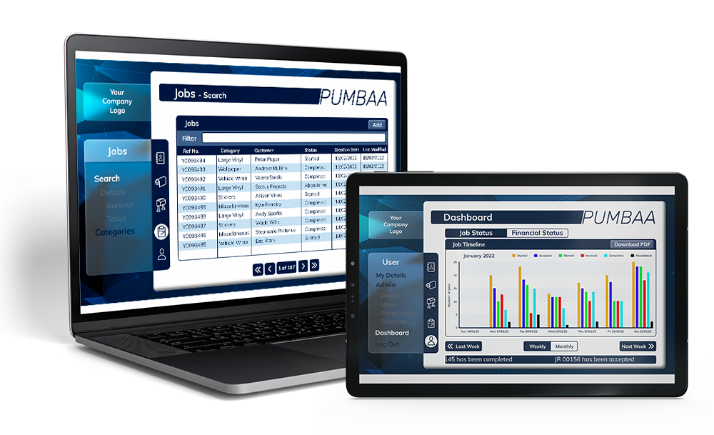 PUMBAA print shop CRM mockup